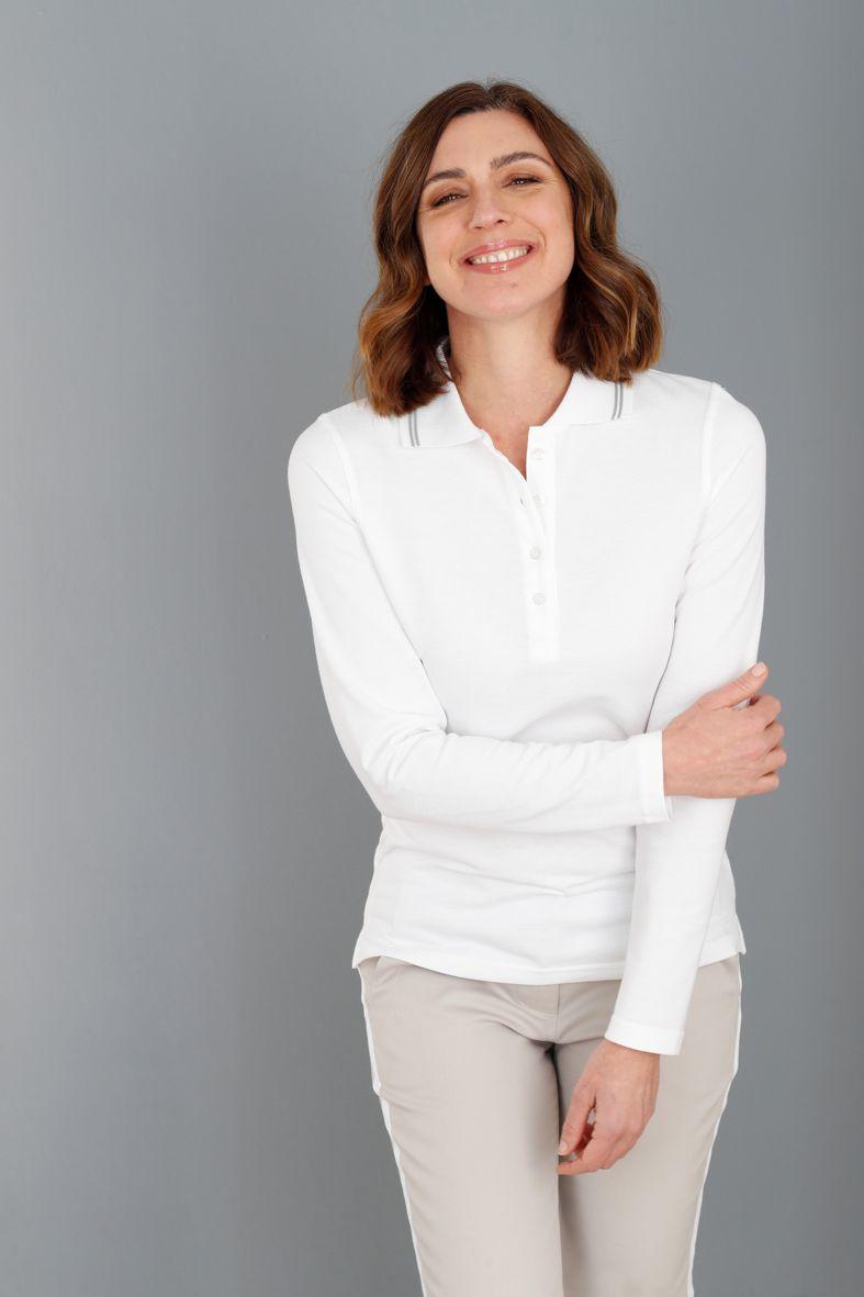 Flora - Weiss - Damen-Poloshirt mit langen Ärmeln